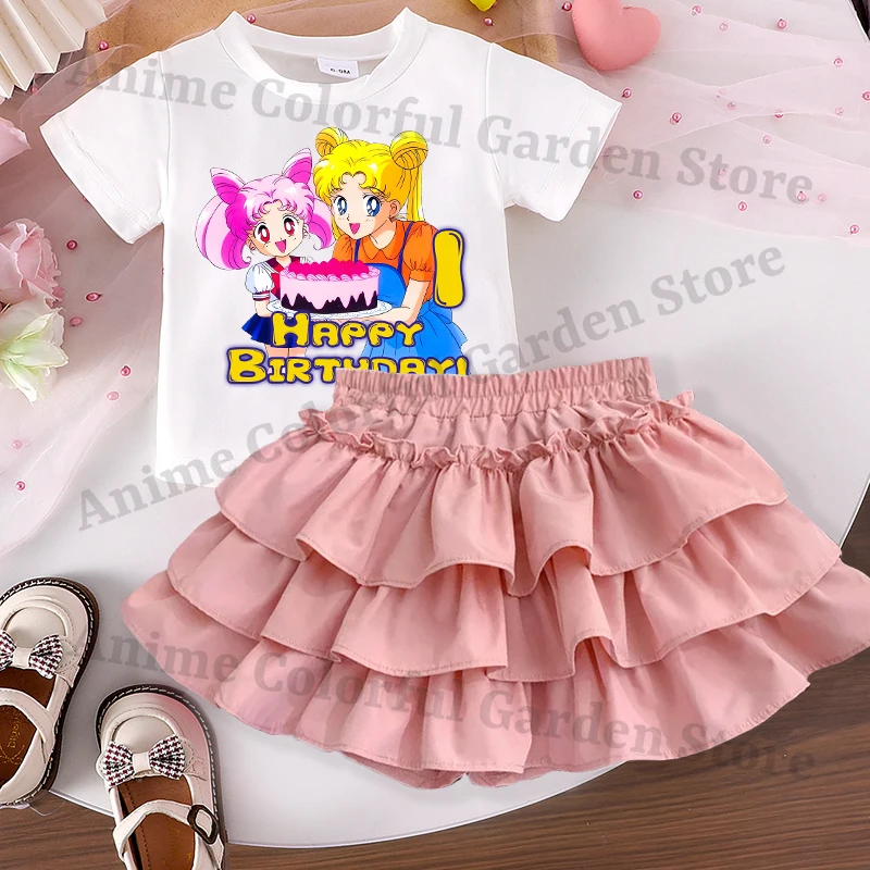 Sailor Moon 2pcs T-shirt Skirt Suit for Girls Cartoon Number Printed Birthday Clothes Children Fashion Dress Short-sleeved Top view 2