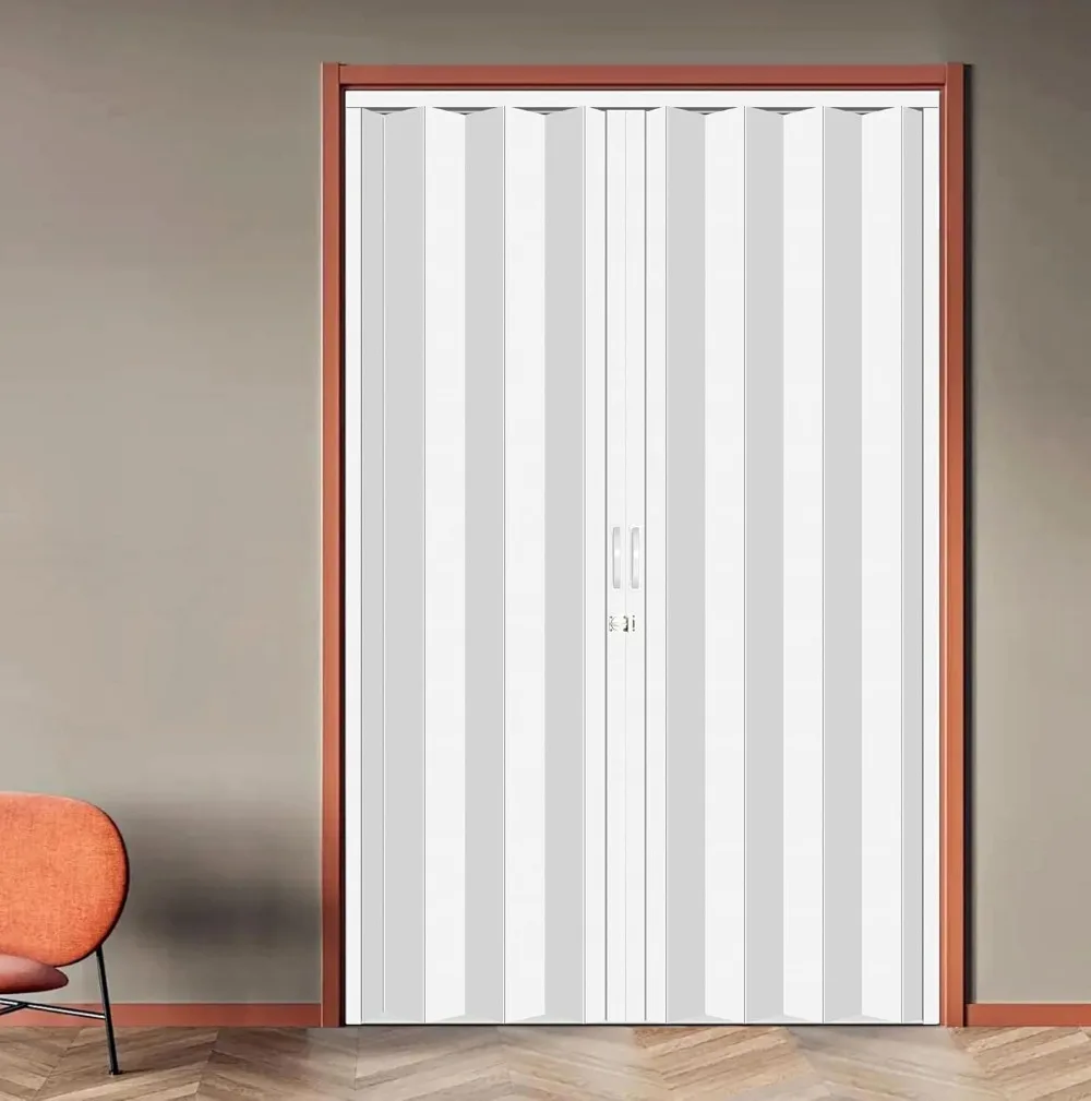 باب خزانة ثنائي الطي من مادة PVC بيضاء مقاس 60 × 80 بوصة مع أجهزة، سهل التركيب، بدون مسار أرضي