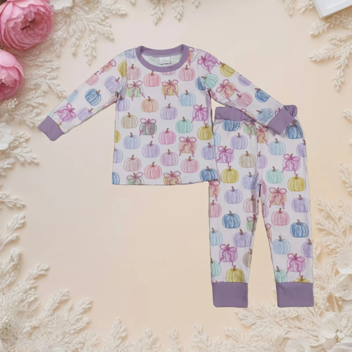 

New Cute Thanksgiving Baby Girl Toddler 2PC Pajamas Set Long Sleeve Sleepwear Colorful Bows Pumpkins Fall Festive Cozy Clothes