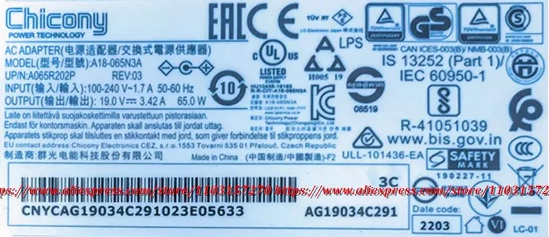 

Original Chicony A18-065N3A AG19034C291 Laptop Charger AC Adapter 19V 3.42A 65W Power Supply 4.0x1.7mm Genuine Adaptor