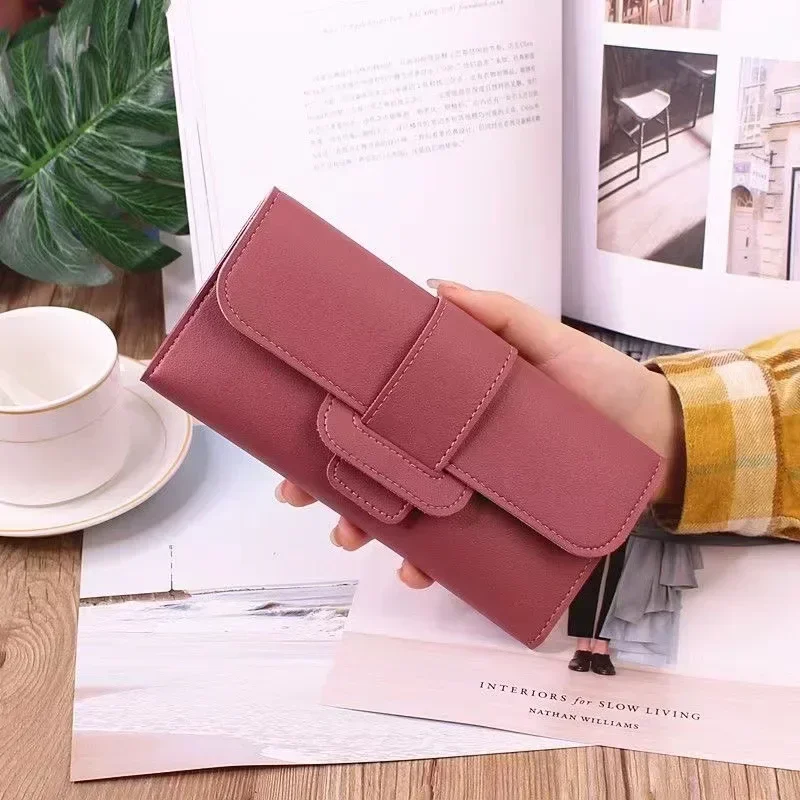 2024 Leather Women Wallets Luxury Long Hasp Fold-over Pattern Coin Purses Female Brand Solid Colors New Thin Clutch Phone Bag