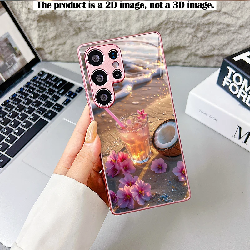 Pink Coconut Drink Wave Case,2D Print Base Glass Cover for Samsung S/A Series,Shockproof Shell