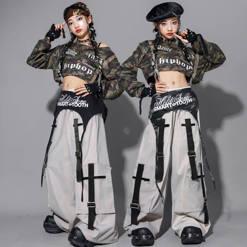 

Girls Jazz Dance Clothes Fashion Kpop Performance Outfit Camouflage Tops Hip Hop Dance Pants Children Street Dance Wear AMY2927