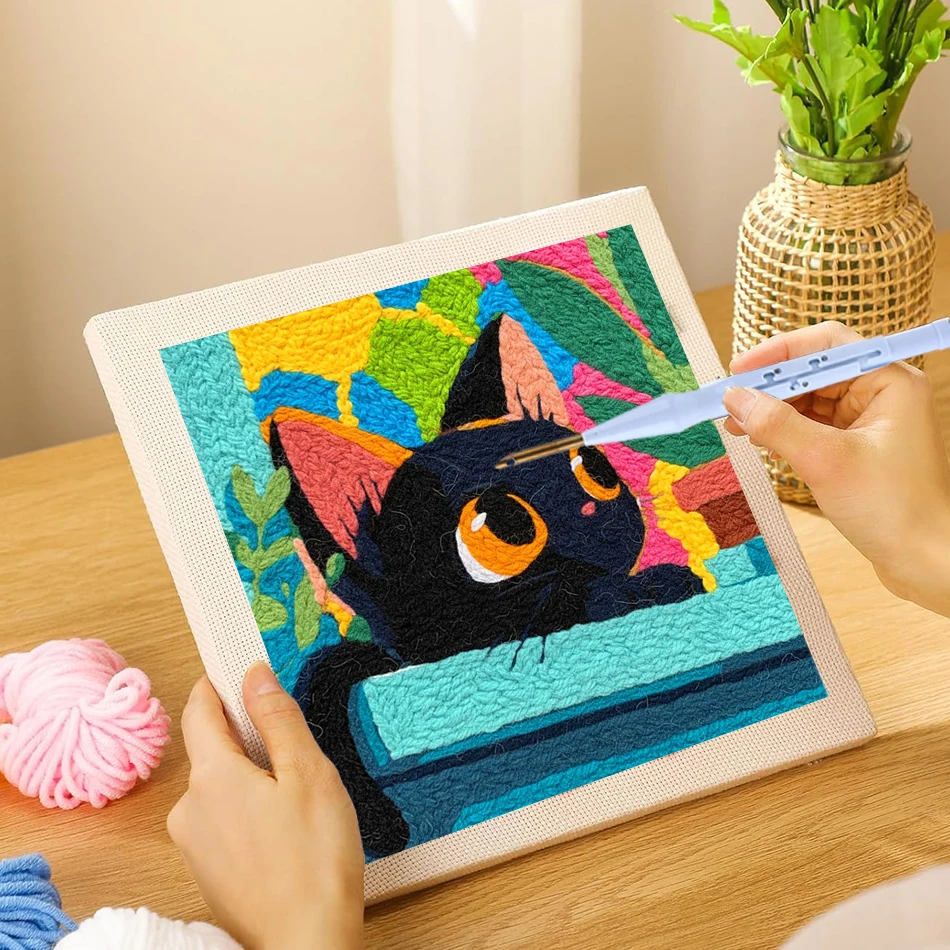 

Punch Needle Embroidery Kit for Beginners Adults 25X25cm Cute Cat Punch Needle Kit with Yarn Pattern Sewing Art Home Decor