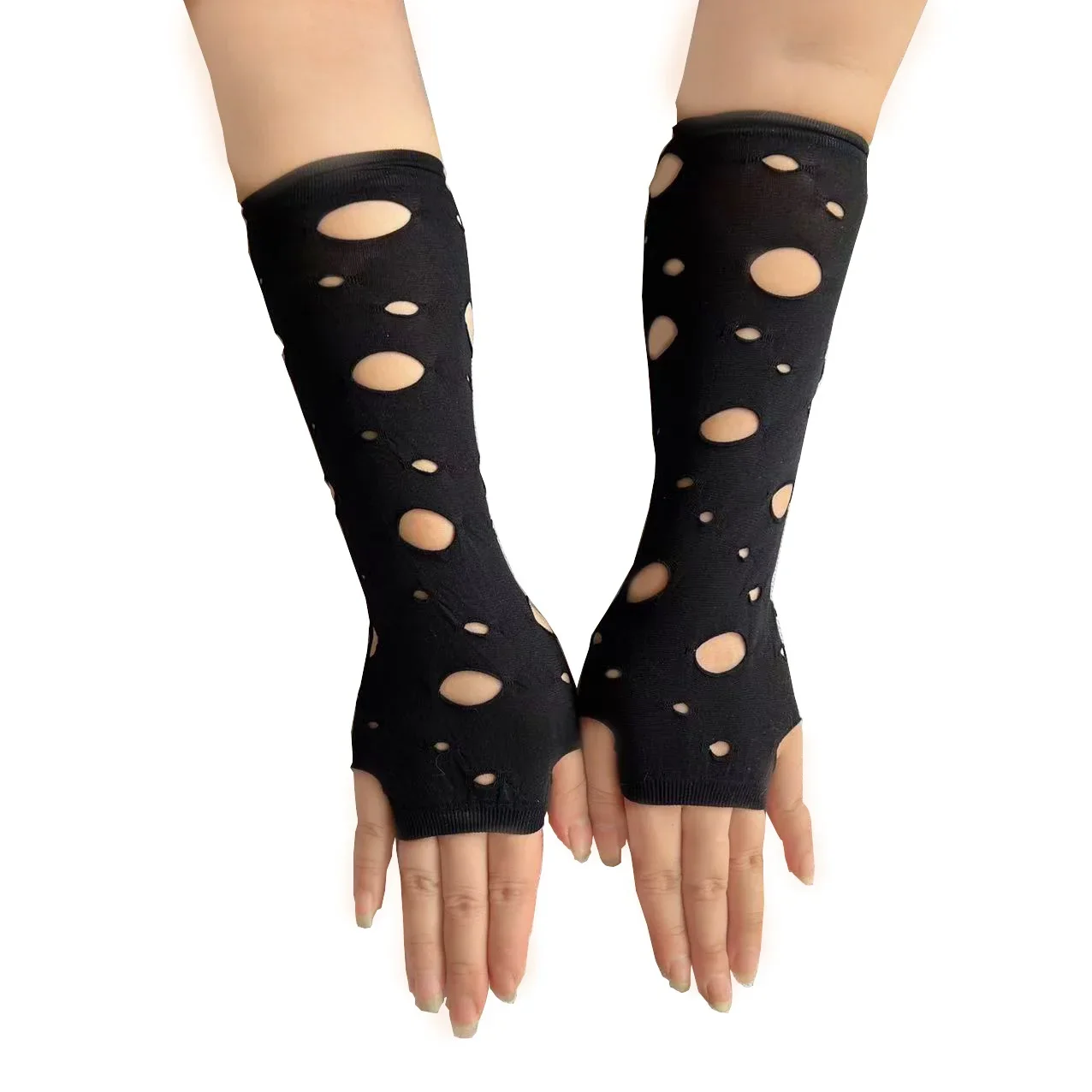 New Gothic Punk Fingerless Long Ripped Holes Gloves Halloween Hip-pop Rock Gloves Cosplay Dark Style Mittens Club Black Gloves