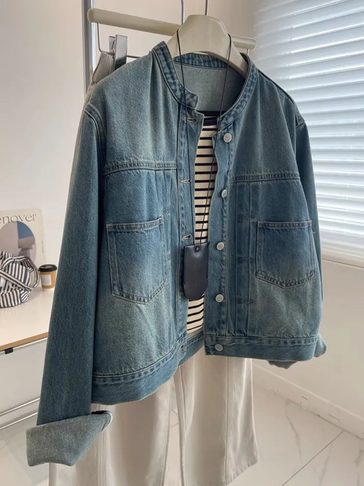 

Ретро-куртка из денима для женщин в корейском стиле, синяя, с эффектом потертости, с длинными рукавами, шикарное пальто с карманами, однобортное