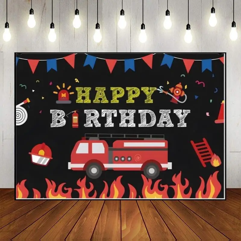 Party Backdrop Cartoon Background Banner Firefighter Night Happy Birthday Fire Dept Baby Shower Photography Custom Fireman Theme