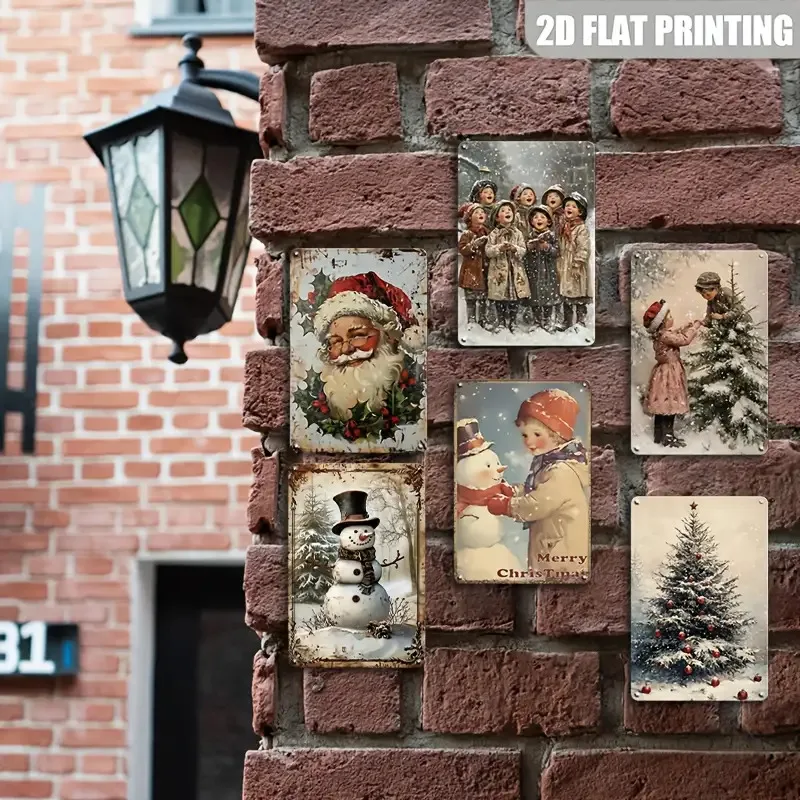 2D Flat - Set of 6 Vintage Metal Signs Featuring Christmas Themes Like Santa And Snowmen, Perfect for Decorating Your Home, Cafe