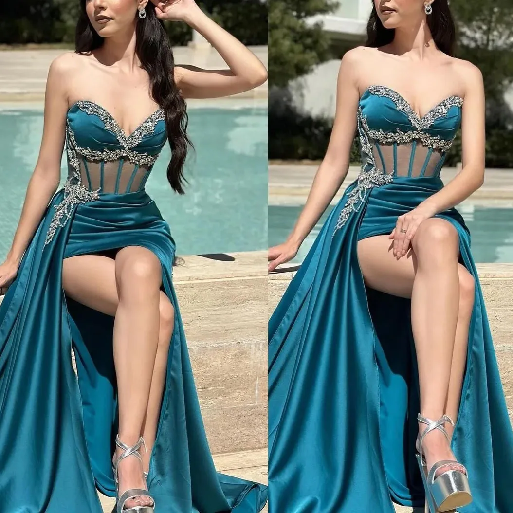 فساتين حفلات من الساتان الفاخر للنساء مثير الوهم بدون حمالات كريستال فتحة جانبية فستان طويل للحفلات الراقصة فساتين سهرة رسمية مخصصة
