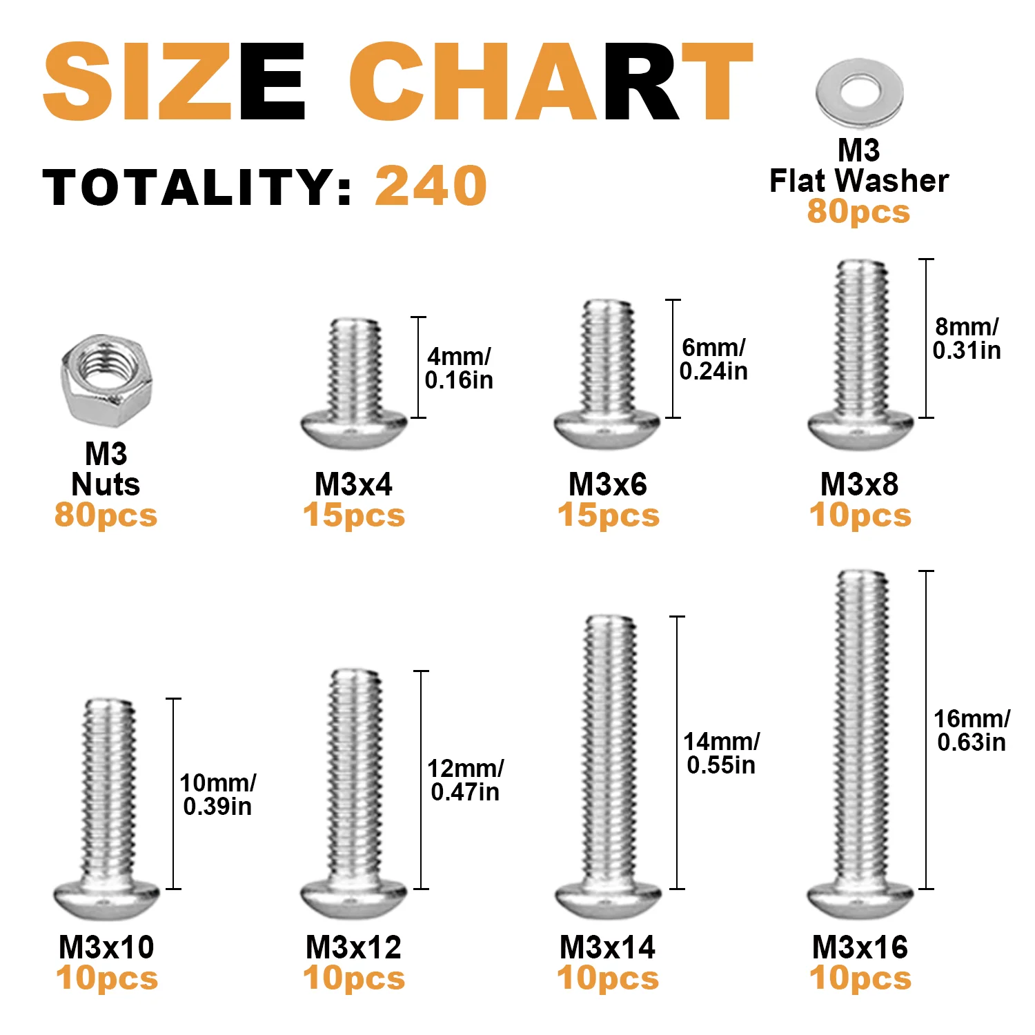 240Pcs M3 Hex Head Screws, M3x4/6/8/10/12/14/16mm Button Head Stainless Steel Internal Hexagon Screw Washer Nut Set