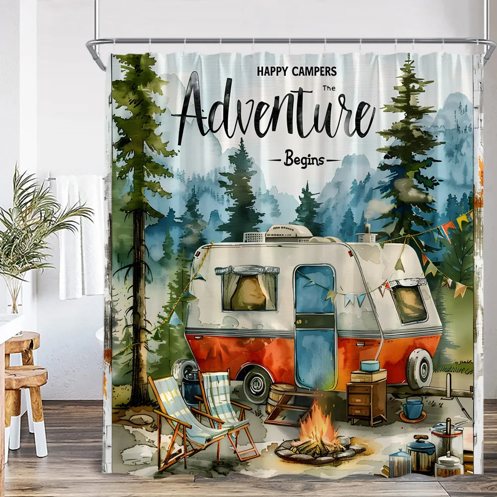 Cortina de ducha Camper Adventure, tienda de campaña forestal, actividad exterior RV, decoración de baño al aire libre, cortina de baño de tela de poliéster moderna