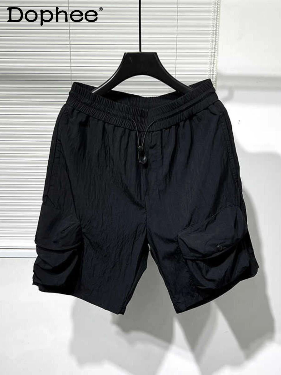 

2024 Summer Pocket Splicing Shorts Male Simple Pleated Retro Short Pants Solid Color Loose Skin-Friendly Breathable Harlan Pants