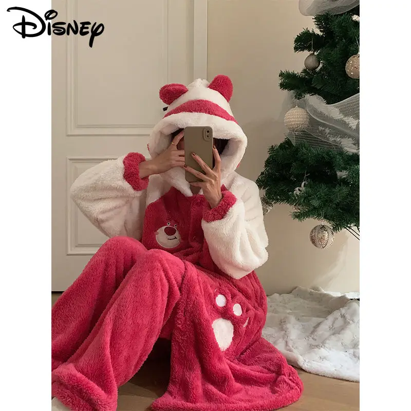 Disney Lotso Bear Cute Plush Bath Robes Hooded Trousers 2 Piece Set Women Soft Coral Fleece Nightgown Suit Y2k Sweet Nightdress