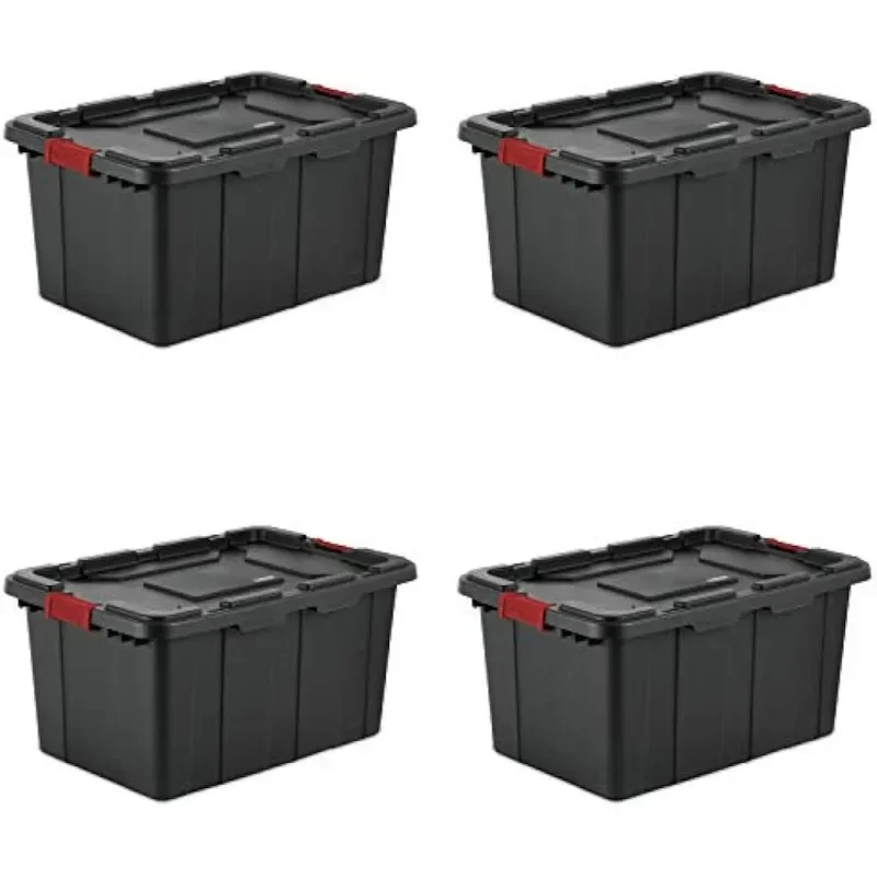 

27 Gallon/102 Liter Industrial Tote, Black Lid & Base w/ Racer Red Latches, 4-Pack