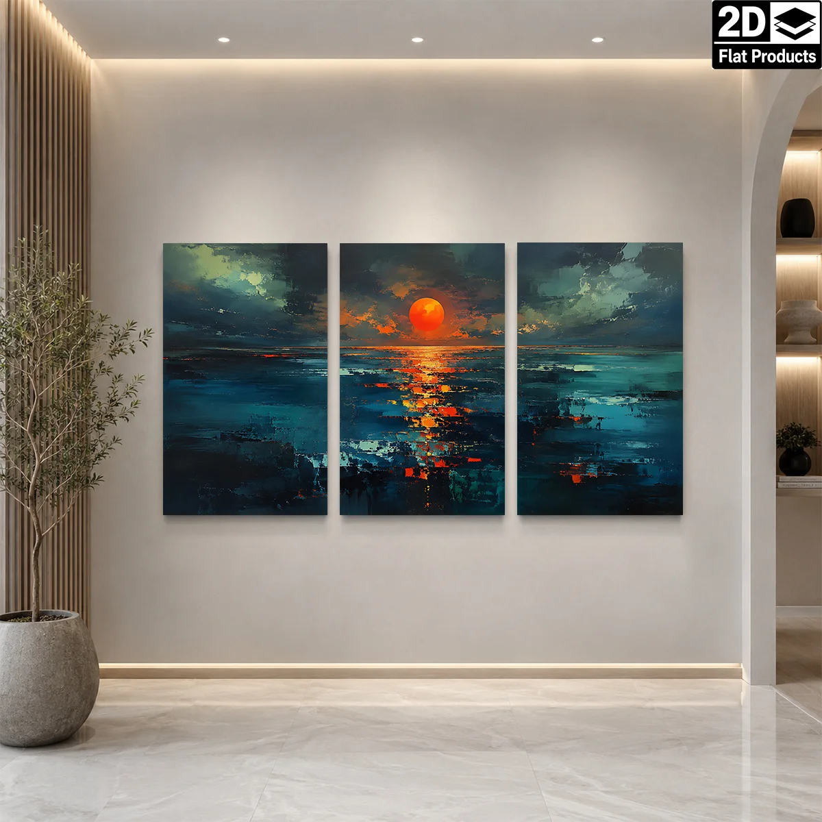 Frameless canvas 2D Flat 3pc  Wall Art – Three-panel abstract painting of a sunset over the ocean with vibrant colors perfect