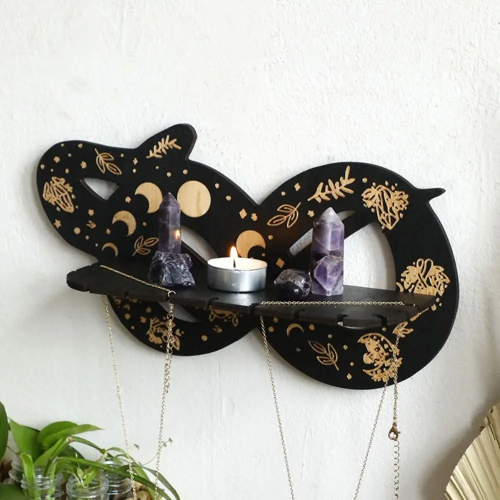 Wooden Snake Floating Wall Shelf Decorative with Moon Candles Display Stands Wall-Mounted Crystal Pendant Holder Home Decor