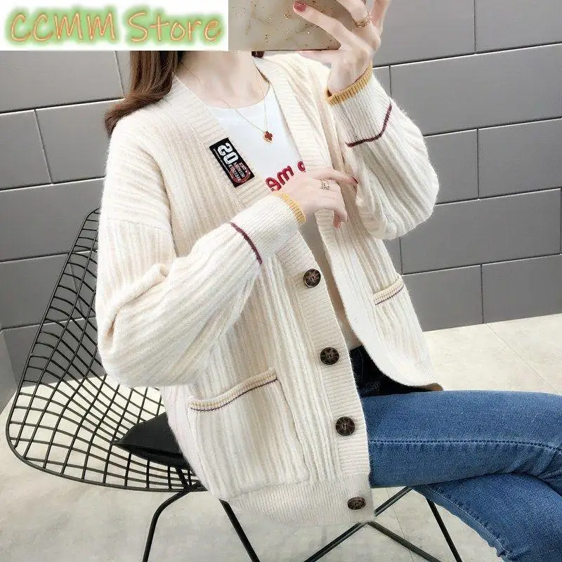 

New V-neck Sweater Coat Spring Autumn Korean Version New Women's Thickened Fashion Knitted Cardigan Net Red Top Trend