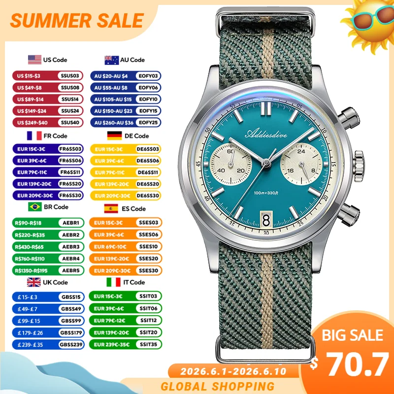 

ADDIESDIVE 38mm Casual Men's Quartz Wristwatch vk64 Chronograph Bubble Mirror 100m Waterproof Watch BGW9 Ultra-Bright Luminous