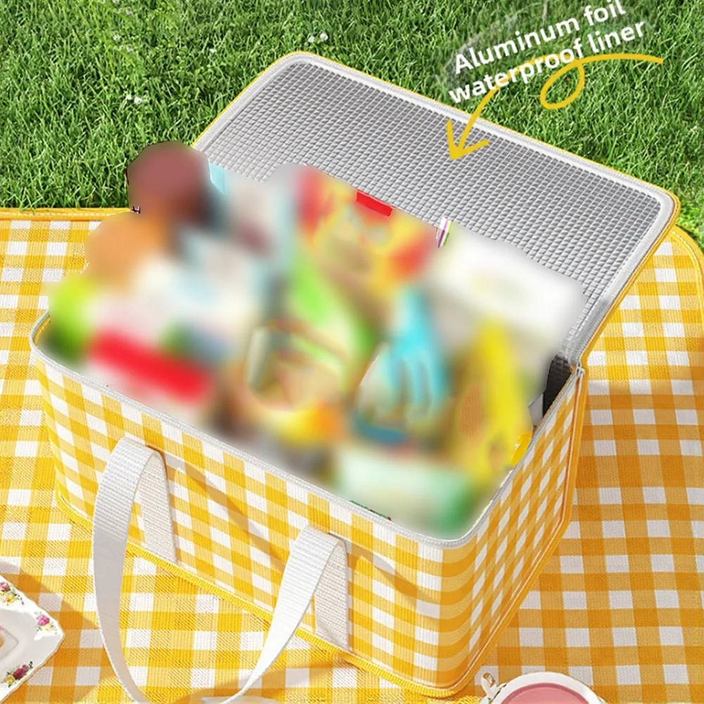 Functional Foldable Insulated Picnic Basket with Compact Storage Design 35x20x20cm Oxford Material for Travel and