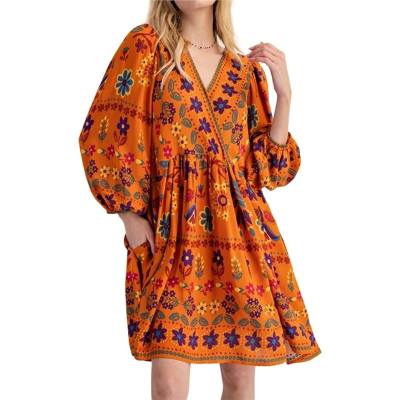 Women Casual Dress Casual V Neck Long Sleeve Loose Fit Casual Fashionable High Quality New Arrival Trendy Comfortable Premium