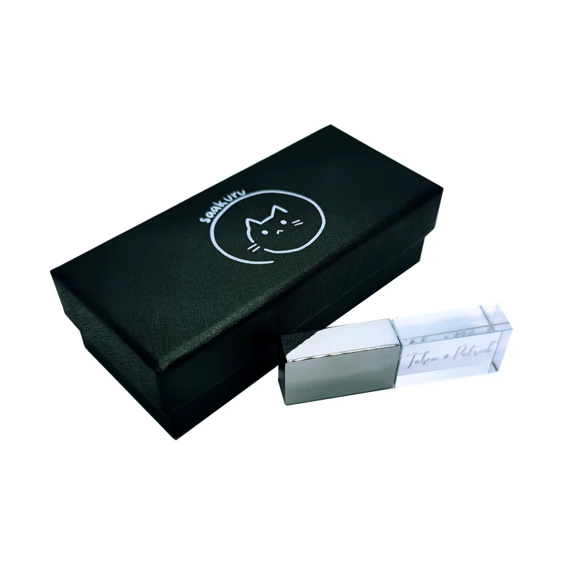 Бесплатная индивидуальная цветная печать логотипа, серебристый металлический кристалл, флэш-накопитель USB2.0 и черная коробка, 4 ГБ, 8 ГБ, 16 ГБ, 32 ГБ, 64 ГБ, 128 ГБ