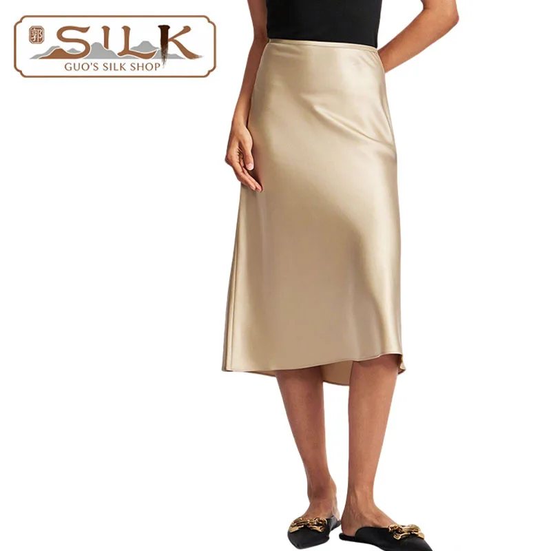 LuxurNatural Silk Women's Half-Dress Elegant Graceful Mid-Length Dress  Shining Luster, Fashionable Trendy for Spring Summer