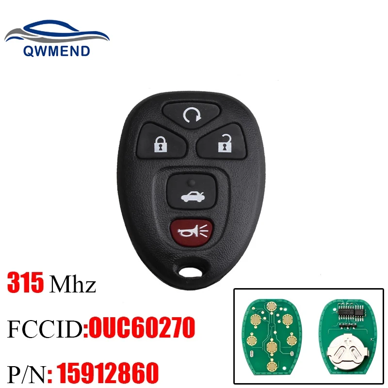 

QWMEND 5Buttons New Remote Start Keyless Entry Key Fob Clicker Control For Chevrolet Impala 2006-2013 OUC60270 15912860 Car keys