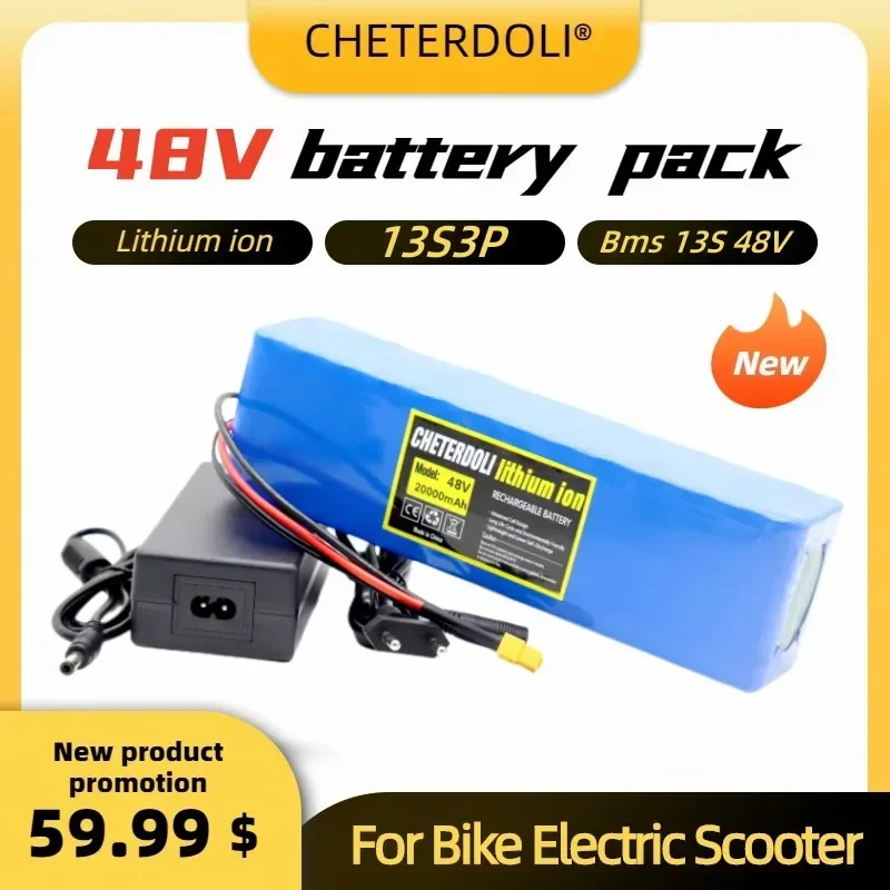 

48V 20Ah 1000w 13S3P XT60 Lithium Ion Battery Pack 20000mAh for 54.6v E-bike Electric Bicycle Scooter with BMS + Charger