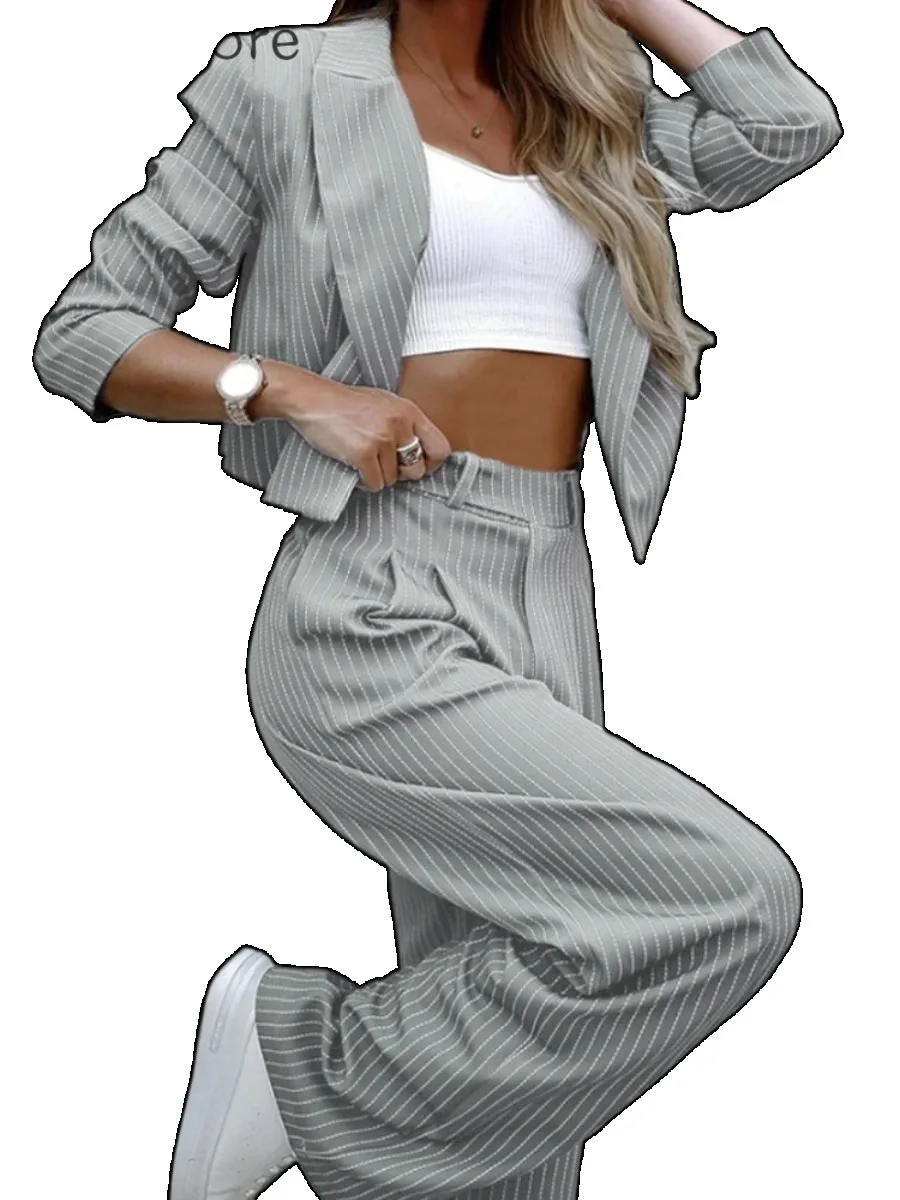 Long Sleeve Button Striped Blazer Coat and Wide Leg Pants Set