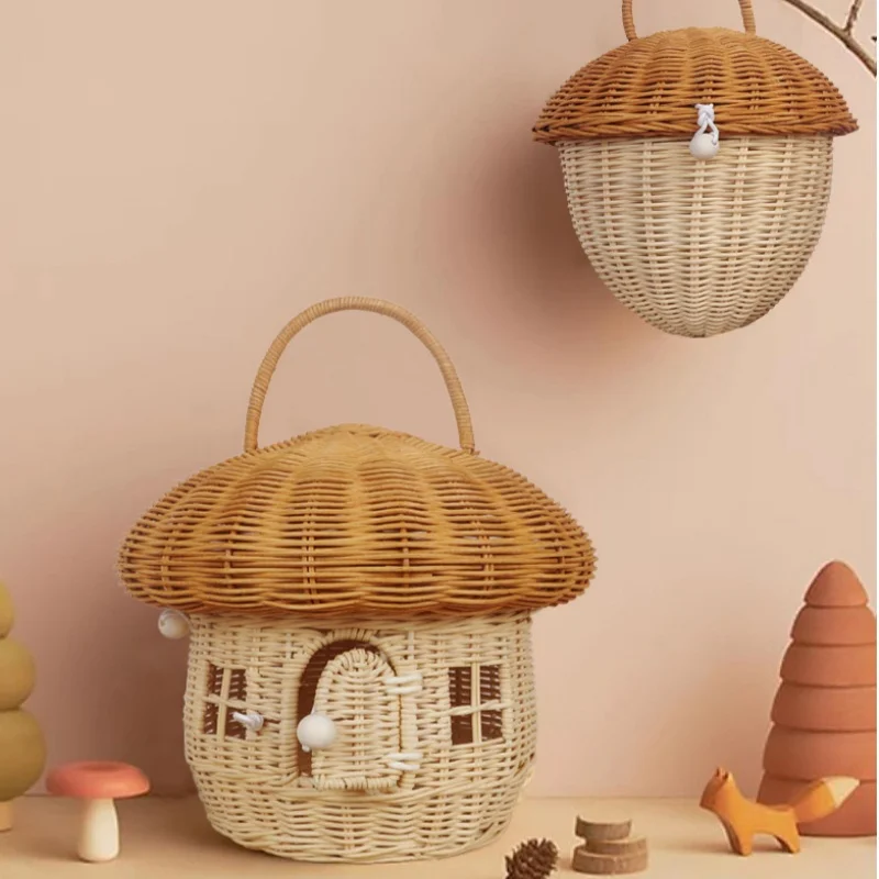 Rattan Mushroom Basket Cute Woven Nut Willow Wicker Picnic Storage Basket Outdoor Kid Children Handbag Women Straw Bag Organizer