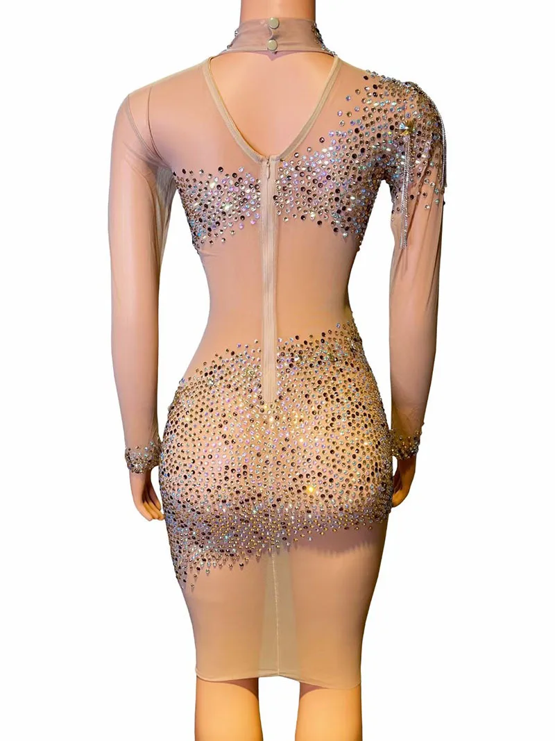 Diamond Birthday Dress Elegant Sparkle Diamond Mesh Ball Dress High Neck Knee Ladies Vestidos De Graduación Vestidos De Flamenca