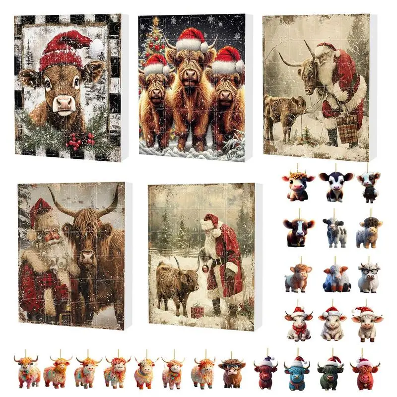 Calendario de Adviento de Navidad, 2024 Highland Cow, cuenta regresiva de navidad, regalos de Navidad, adornos planos a granel de acrílico 2D, Cuenta atrás de Navidad