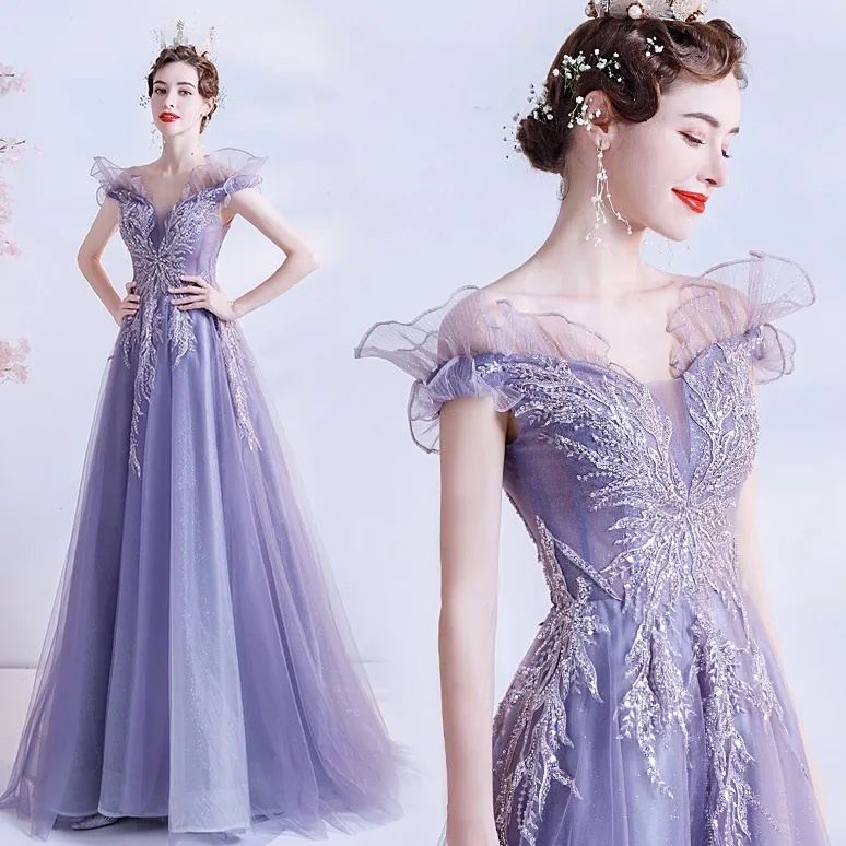 Dream color yarn 2024 summer new purple one-word shoulder bride wedding toast banquet wedding dress