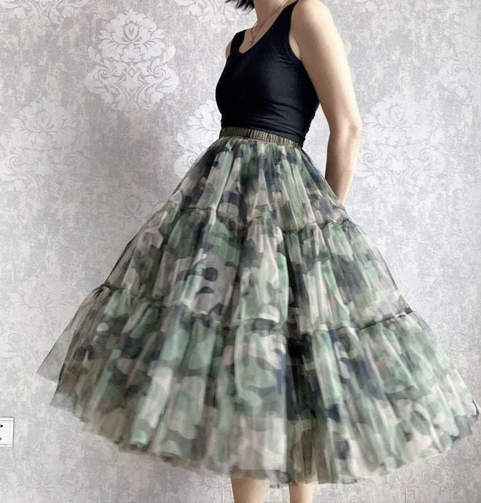 Pretty Green Skirt Camo Elastic Waistband Multi Layered A Line Midi Length Maxi Skirt Korean Style Tulle Skirt