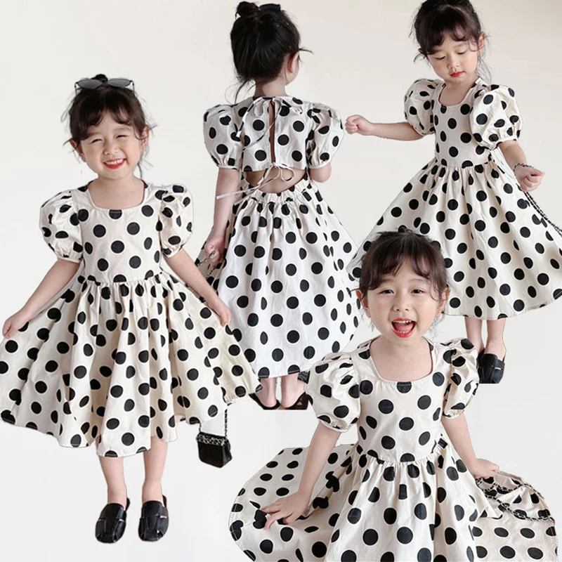 Korean Style Kids Frock Fashion Polka Dot Black and White Knee Length Dress Girls 2024 Elegant Princess Robe 100% Cotton Clothes