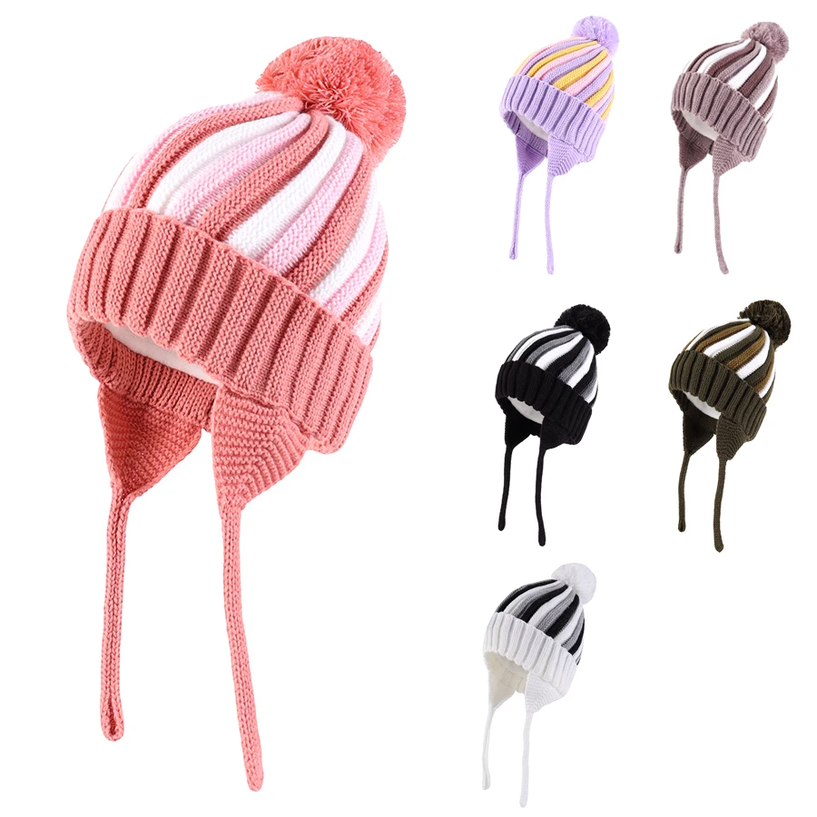Cute Pom Pom Babys Winter Hat Infant Earflap Knit Warm Cap for Boys Girls Toddler Kids Fleece Lined Beanie