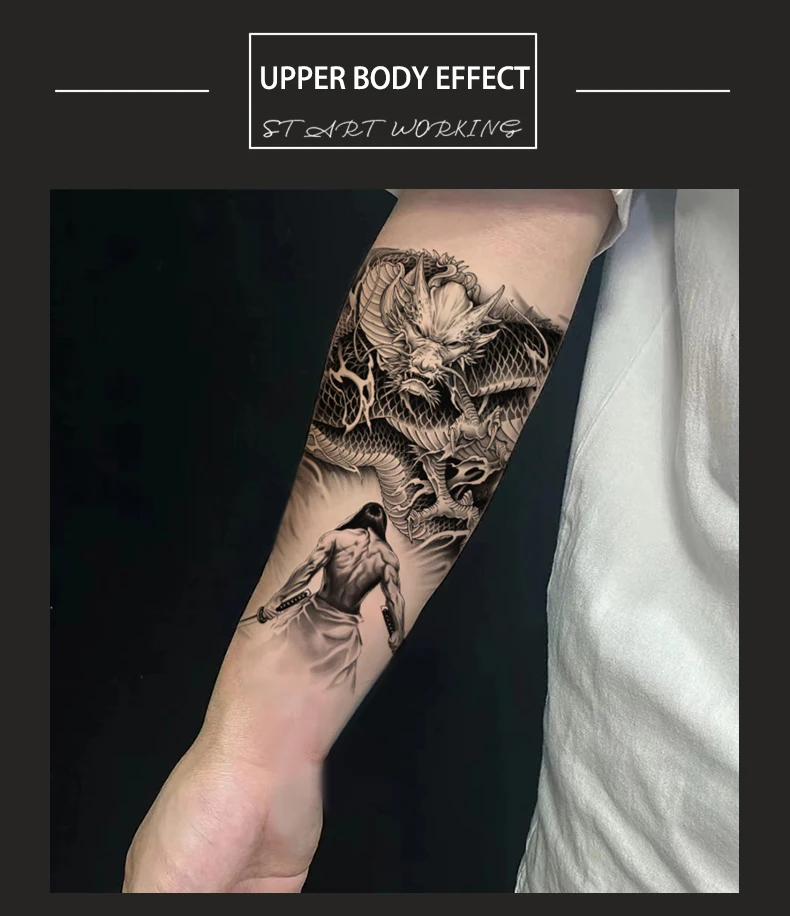 Samurai und Drache Wasserfester Temporärer Tattoo-Aufkleber, Langanhaltend für 1-2 Wochen, Semi-Permanentes Fake-Tattoo – Detail 3