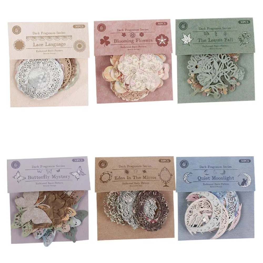 30pcs/Pack Aesthetic Hollow-out Picture Frame Flower Moon Hollow Lace Material Package Cardstock Paper Leaves