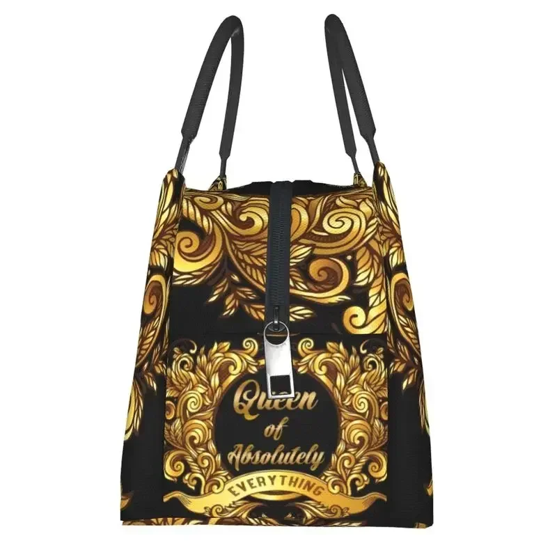 Queen Of Absolutely Gold Floral Baroque Thermal Insulated Lunch Bag Women Lunch Tote for Outdoor Camping Travel Meal Food Box