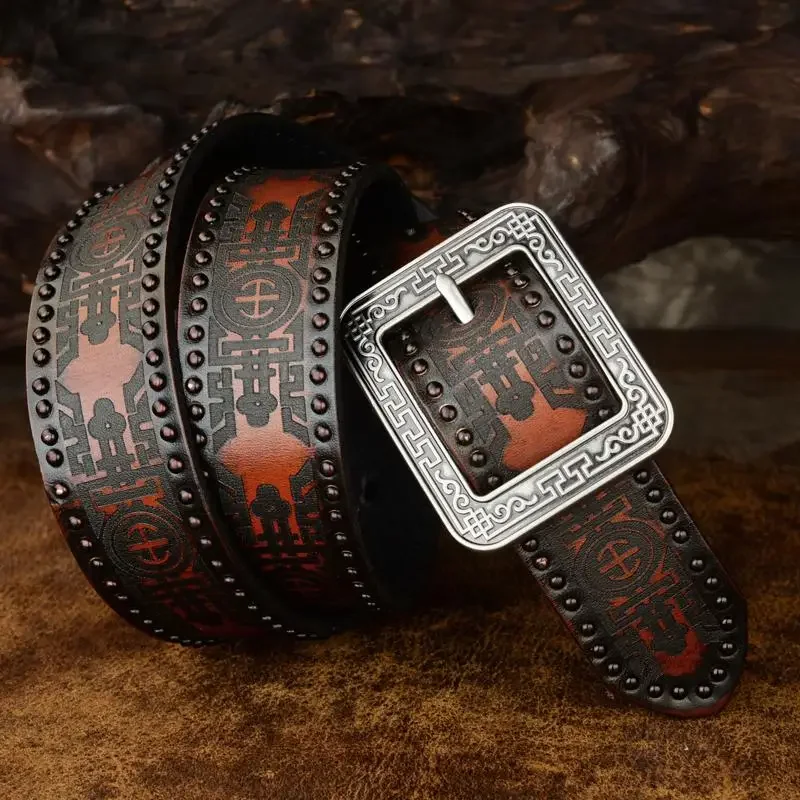 3.8cm Designer Brand Belt Men Rivet Real Leather Pin Belt Male Genuine Leather Cowhide Luxury Rock Punk Belt Jeans