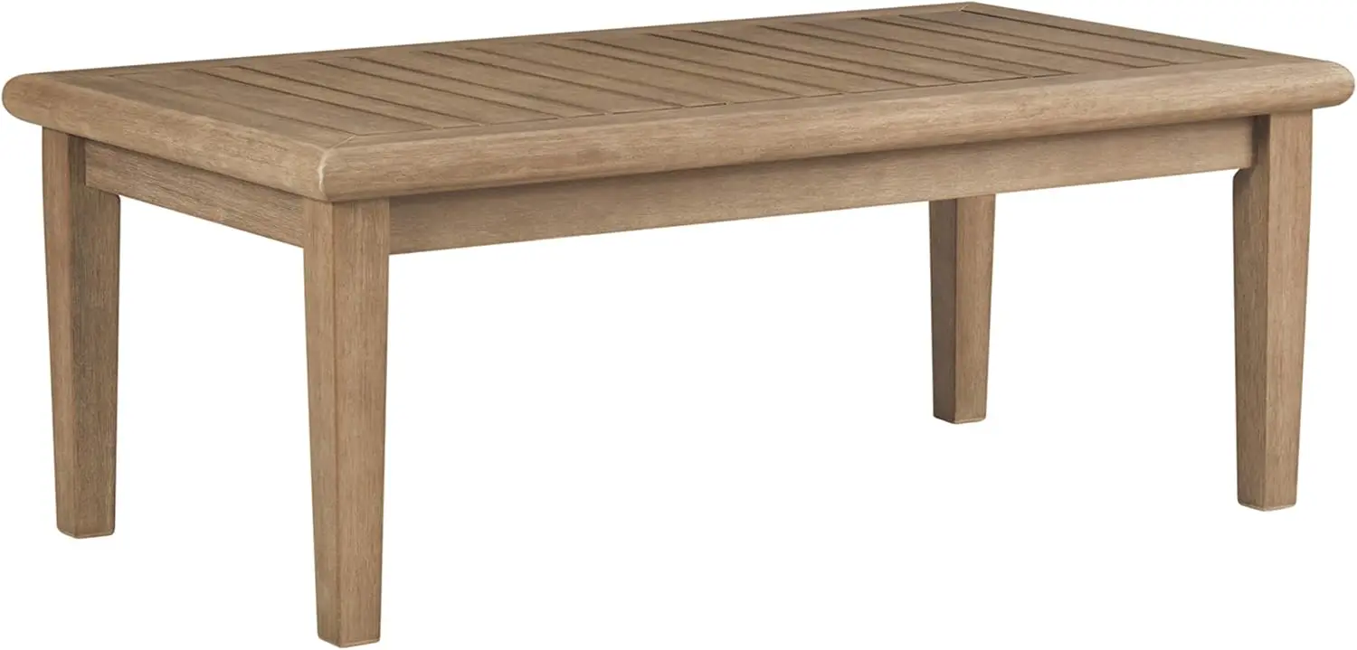 Outdoor Rectangular Eucalyptus Wood Slat Top Coffee Table, Beige