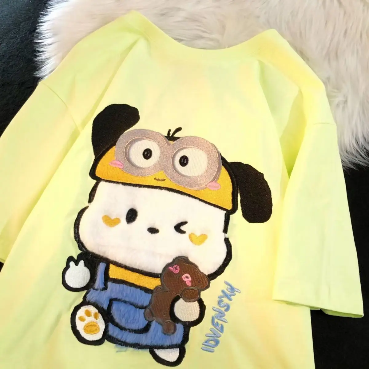 Bonito dos desenhos animados Anime T-shirt, Sanrio Pochacco, Verão Casual Nicho Top, puro algodão, roupas da moda, estilo americano, novo