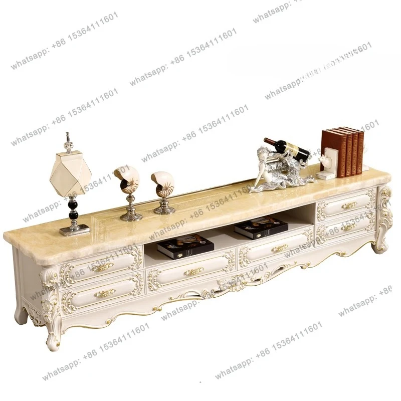 European TV cabinet natural marble surface American pearl white all solid wood floor cabinet designer