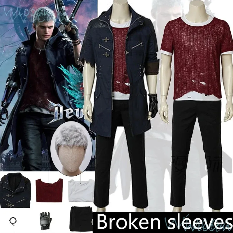 Juego Nero Cosplay Devil May Cry 5 Cos disfraz blanco gris peluca traje Comic-Con uniforme traje de fiesta de Halloween para hombres abrigo guantes;