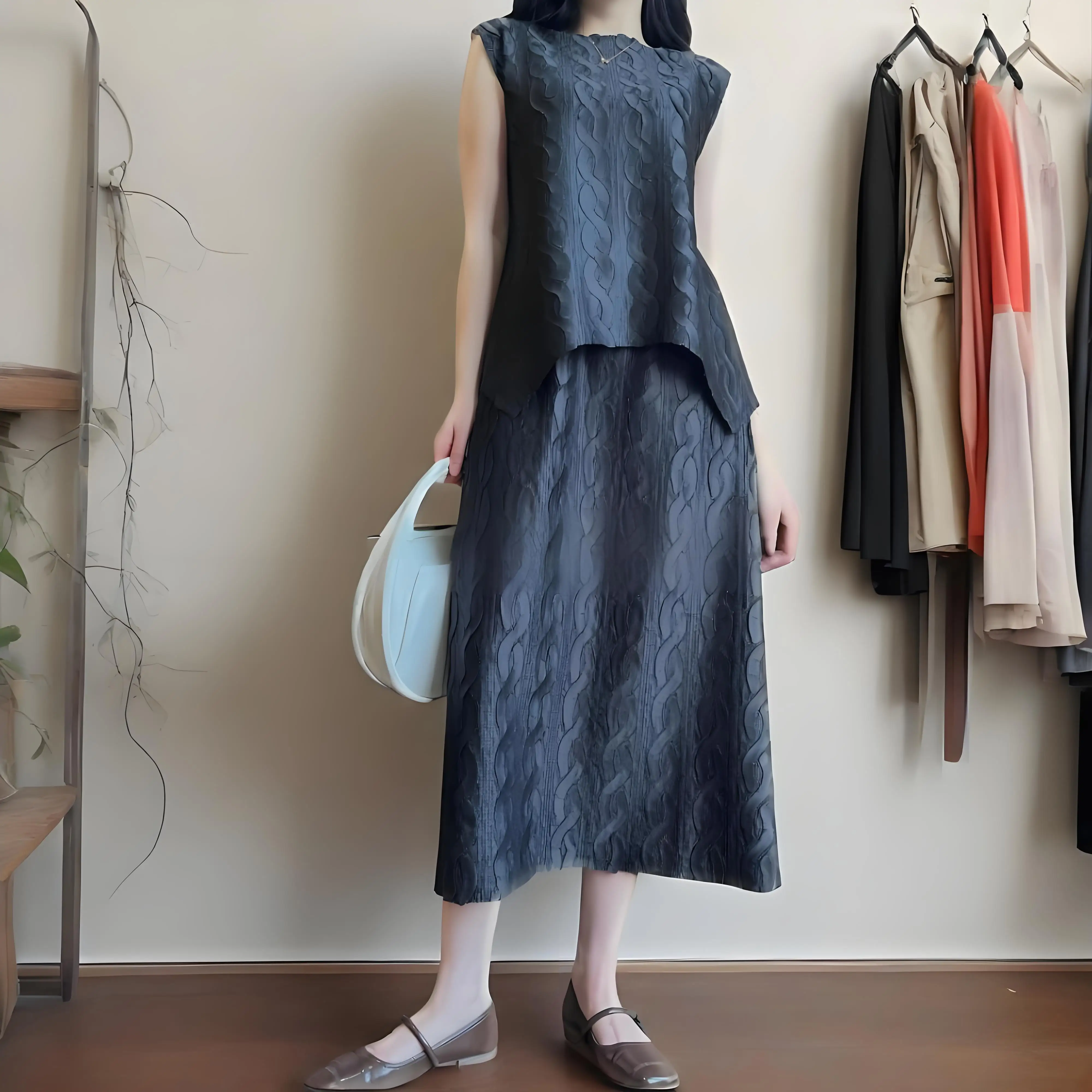 

Miyake Summer New Pleated Solid Color Pleats Sleeveless Commuter Casual Fold Top Pleated Skirt Two-piece Women's Fashion Suit