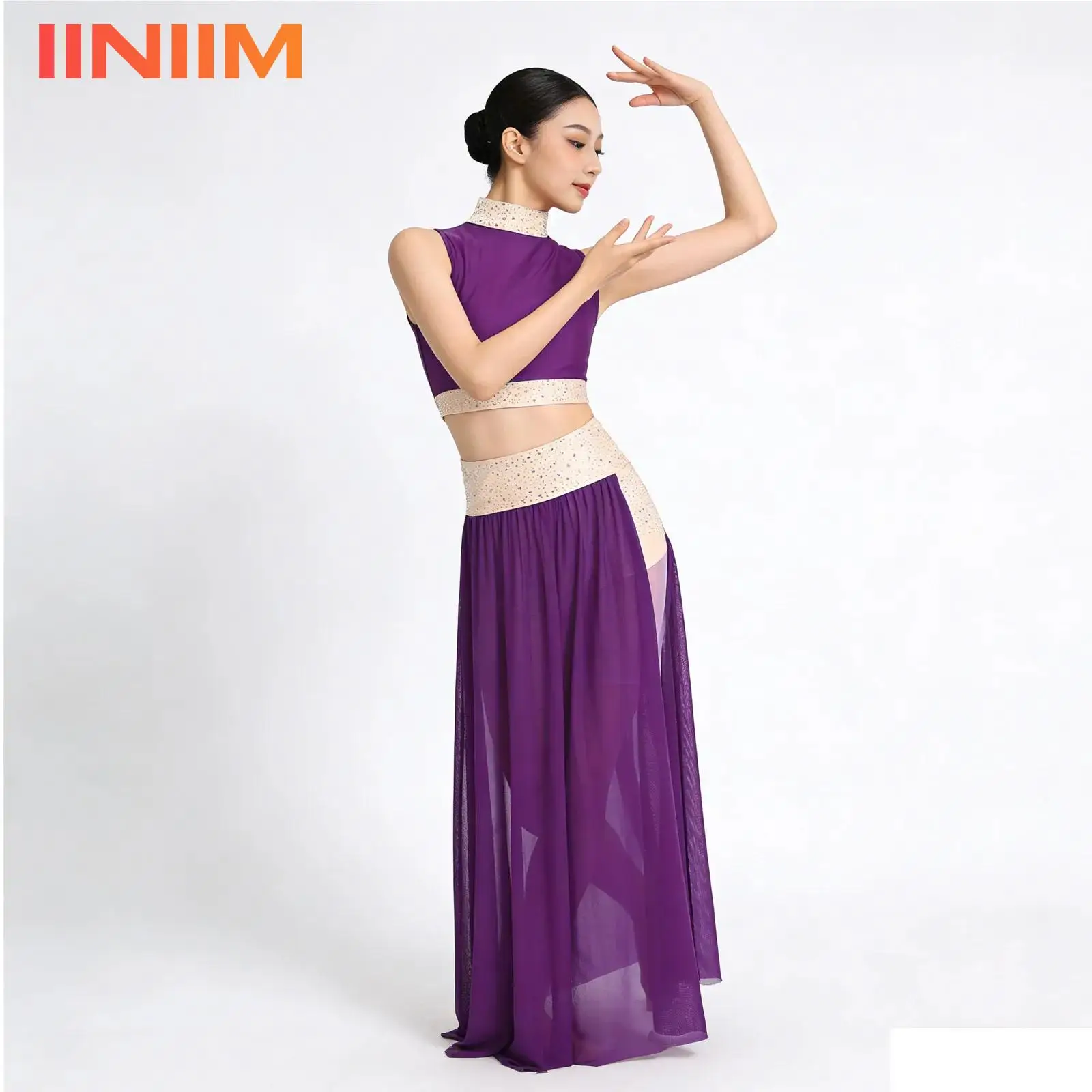 

Womens Shiny Rhinestone Oriental Performance Outfit Lyrical Modern Belly Dance Costume Crop Top with Side Split Flowy Mesh Skirt