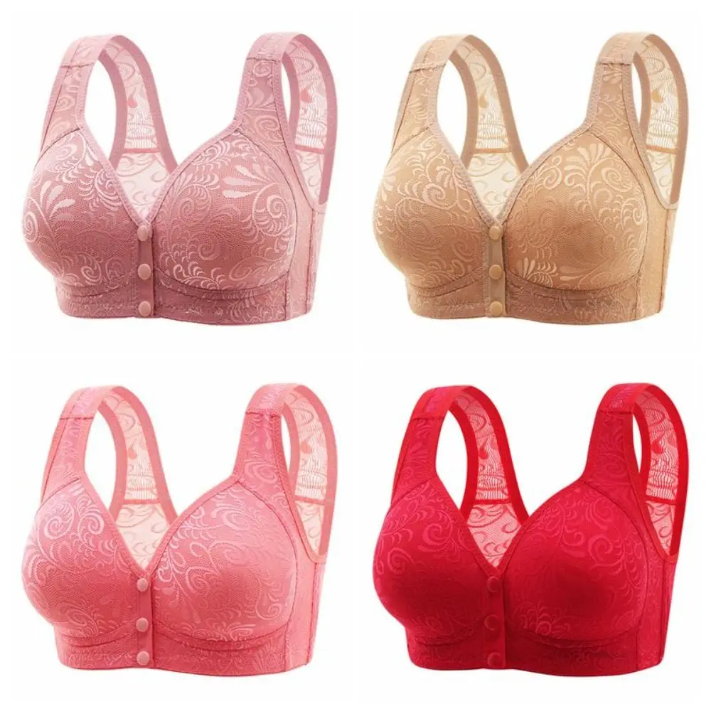 Comfortable Mesh Lace Floral Bra Seamless Plus Size Push Up Bra Vest Top Widen Band Front Button Elderly Bra Lingerie