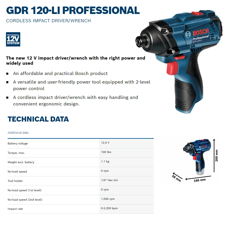 Imagem -02 - Bosch Gdr 120-li Motorista de Impacto sem Fio Chave de Fenda Elétrica Recarregável Ferramenta Elétrica Chave Bare Machine 100nm 12v