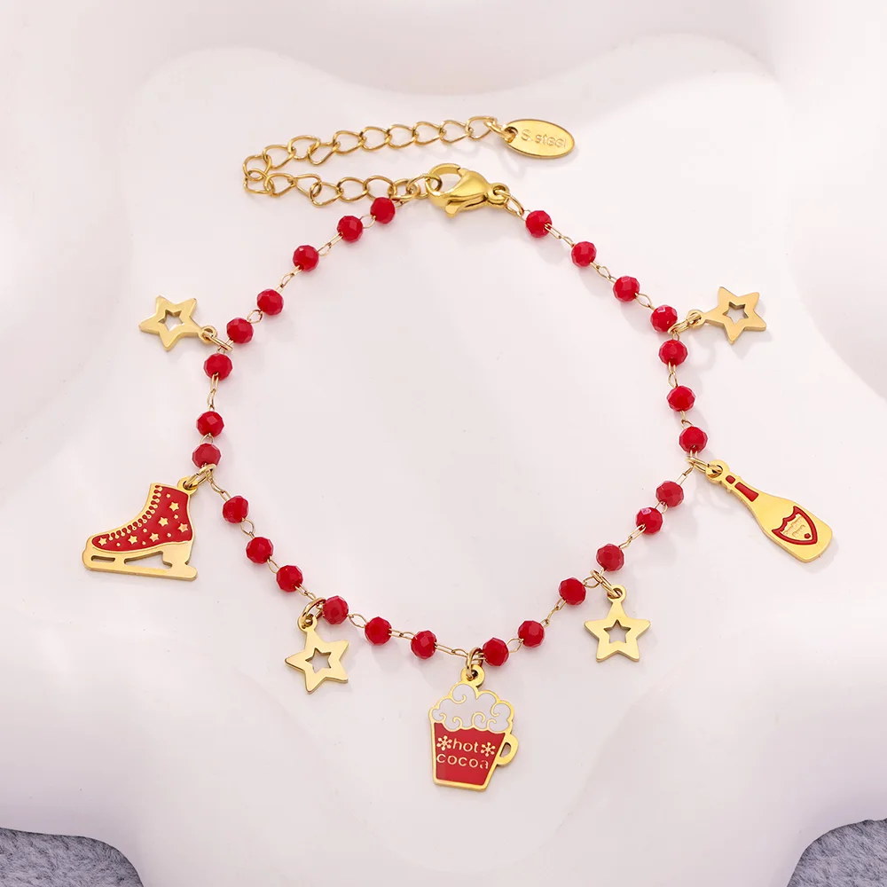 Star Beer Schlittschuh-Halsketten, Armbänder für Damen, 316L Edelstahl-Gliederkette, rote Granatperlen, Weihnachtsschmuck-Set, Geschenke – Detail 8