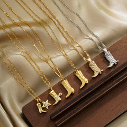 Punk Western Cowboy Boots Stainless Steel Pendant Necklace for Women Charm CZ Zircon Cowboy Boots Choker Delicate Jewelry
